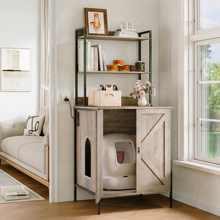 70" Farmhouse Litter Box Furniture, Charging Station & Shelves, Fits Smart Litter Boxes up to 26"×28"×31"