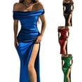 thumbnail image 4 of Womens Satin Pleated Slip Dress Sexy Solid High Split Party Dress Off-Shoulder, 4 of 10
