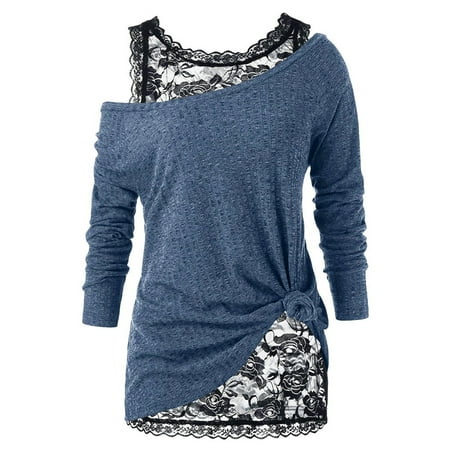 

Womens Sexy Solid Color Long Sleeve Skew Neck Knot Blouses With Floral Lace Vest Two Piece Sets Tops Shirts