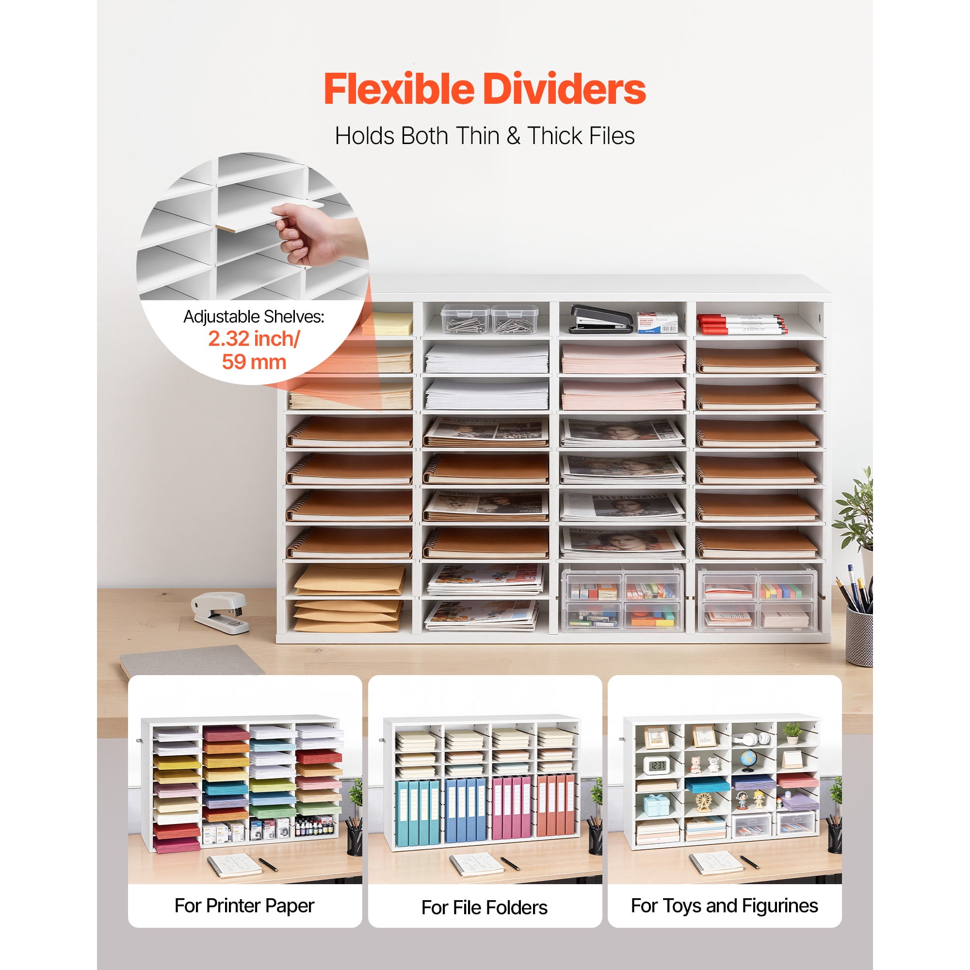 KFFKFF 36-Compartment Literature Organizer with Adjustable Shelves, Wooden Mail Sorter for Office and Home, Countertop Storage Solution for Files, Documents, and Papers, White