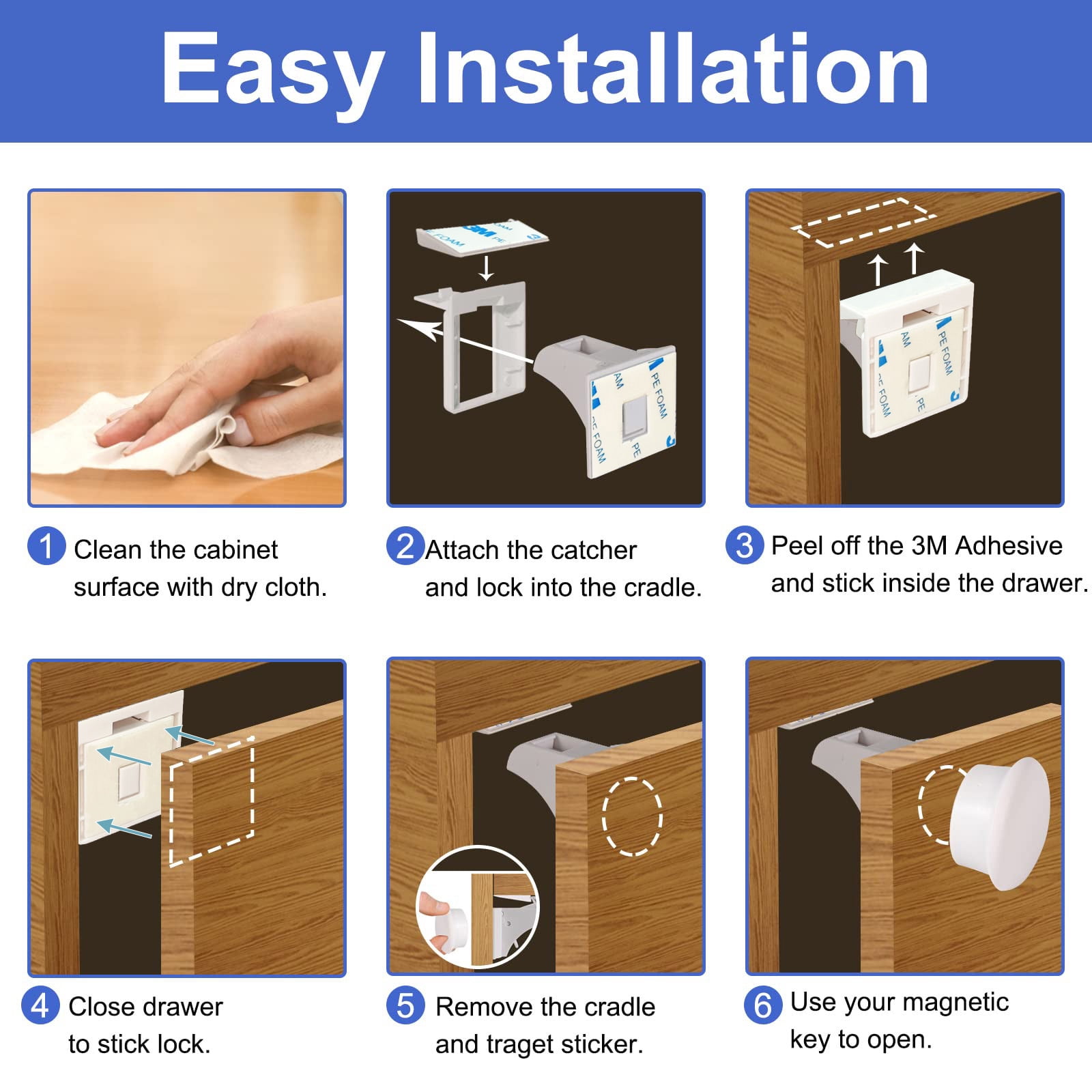 Magnetic Cabinet Locks Baby Proofing - 20 Locks & 3 Keys, No Drill Adhesive Safety Latches for Cabinets & Drawers, Child Proof Lock for Kitchen, Strong Magnet Key to Open, Easy Installation
