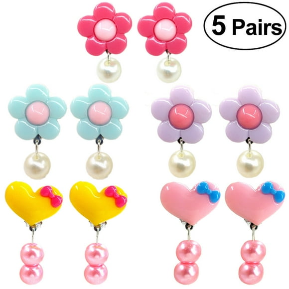 CIMAXIC ear clip 5 Pairs Girls Ear Clips Clip on Earrings Dangle Drop Earrings Accessories (Rosy/Purple/Blue Flowers and Pink/Yellow Hearts),0.79"X0.79"X0.08"