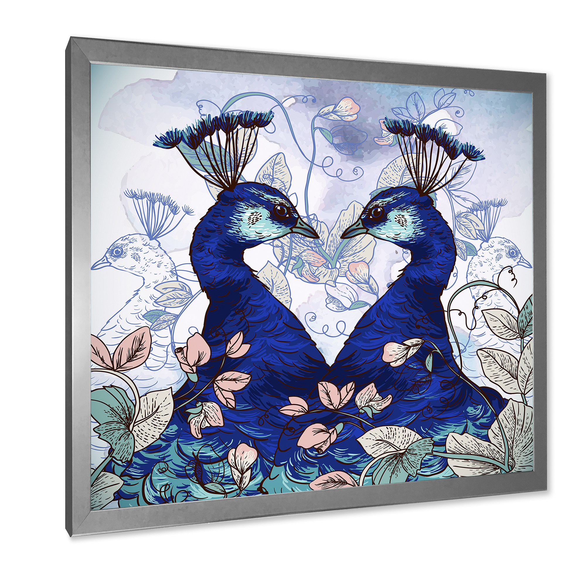Designart 'Wildflowers With Two Blue Peacocks' Traditional Framed Art Print