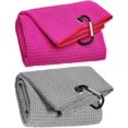thumbnail image 1 of czcpp-2 Pack Tri-Fold Microfiber Towels Set with Carabiner Clip - Waffle Pattern Golf Towels for Bags - Outdoor Sports Towel Gifts (2 Pcs Pink + Gray), 1 of 4
