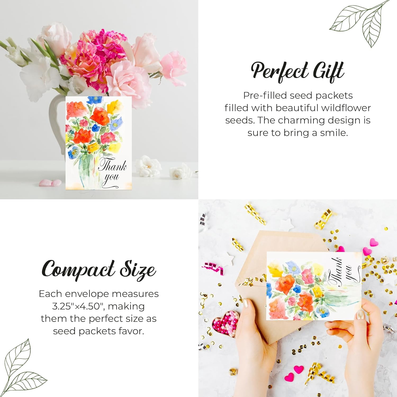 Pack of 20 Pre-Filled "Thank You" Plant Seed Packets Beautiful Flower Vase Party Favors for Guests, Bridal Shower Favors, Parties, Wedding Favors, Wildflower Seeds Mix Plant for Year -Round