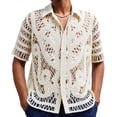 thumbnail image 2 of Tqyyweavej Men's Knit Shirts Crochet Striped Summer Short Sleeve Sweater Botton Down Lapel Collar Color Block Tops Size M to 3XL, 2 of 8