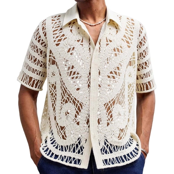 Mens Striped Knit Crochet Shirt See Through Hollow Out Casual Short Sleeve Button Down Beach Shirts (M-3XL) Multicolor