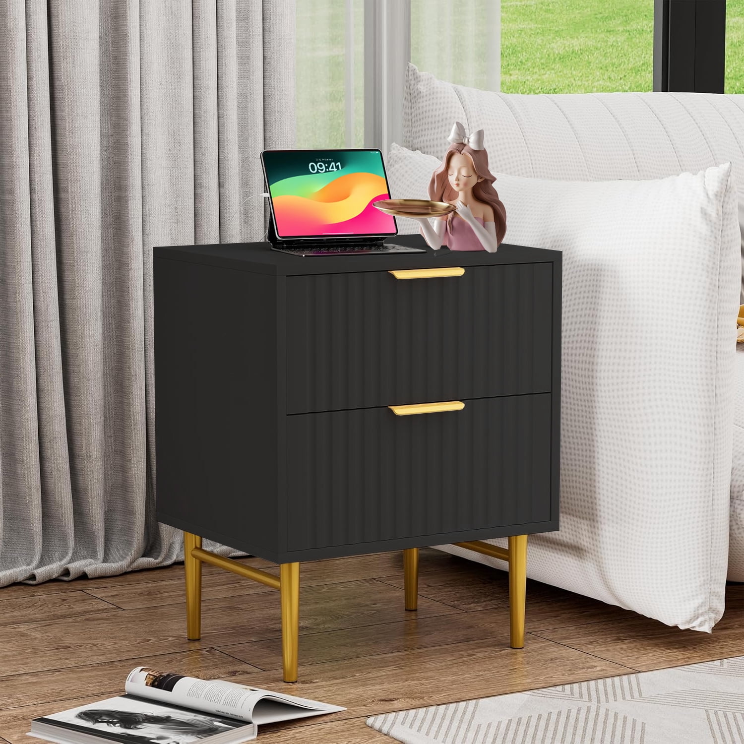 Glavbiku Black Modern 2-Drawer Nightstand with Charging Station,Wood Bedside Table for Adult,23.5"H