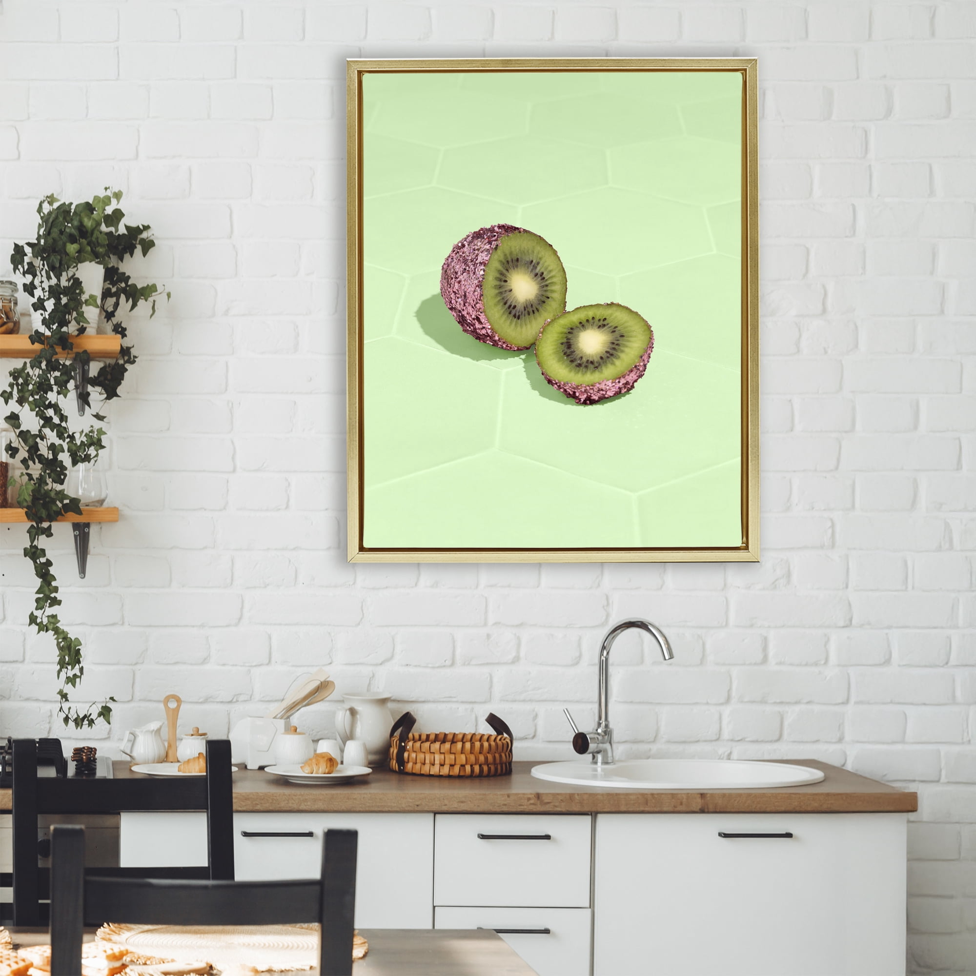 Stupell Industries Green Glimmer Kiwi Gold Framed Floater Canvas Wall Art, design by LISH Creative