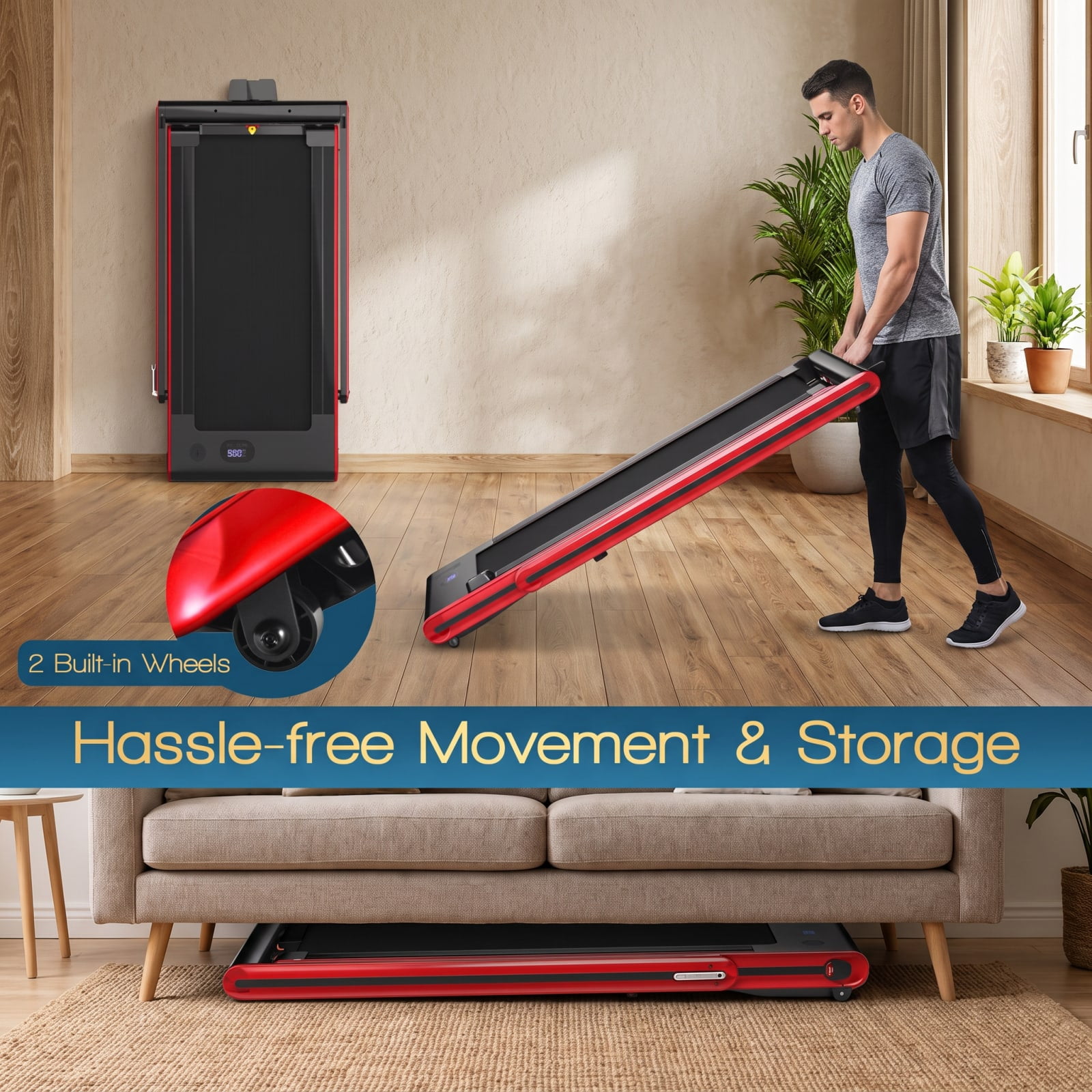 Airfind 2 in 1 Folding Treadmill with 2.25 HP Motor and Dual LED Display for Home Office Under Desk Walking and Jogging, Red