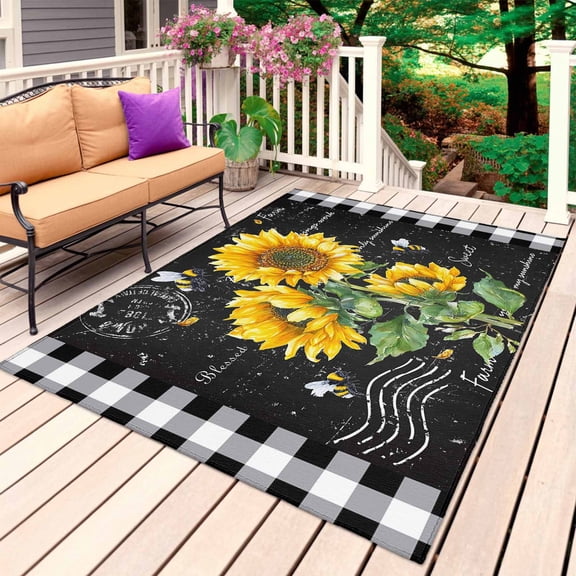 Yellow Sunflower Outdoor Rug for Patio/Deck/Porch, Non-Slip Large Area Rug 6 x 9 Ft, Black Farm Oil Painting Retro Art Indoor Outdoor Rugs Washable Area Rugs, Reversible Camping Rug Carpet Runner