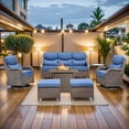 thumbnail image 2 of PARKWELL 7 Pieces Outdoor Patio High Back Furniture Set with Fire Pit Table, Luxury 6" Thick Conversation Set with Swivel Glider Chairs,Wicker Seating Set for Deck, Backyard,Brown/Navy, 2 of 13