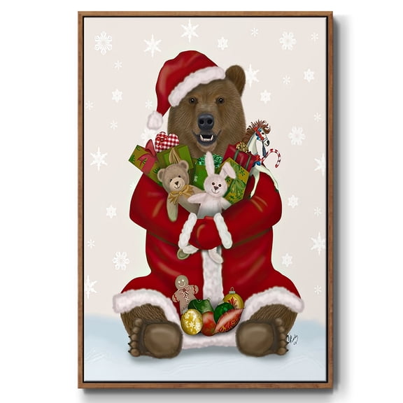 Christmas Christmas Present Bear Hug - Framed Gallery Wrapped Holiday Canvas - 17 x 25 - Rosewood Frame