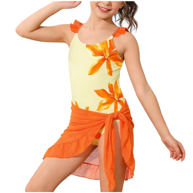 Girls' Swimsuit with Skirt for Kids, Printed Sleeveless Rash Guard One-Piece, UPF Sun Protection, Adjustable Straps, for Beach and Pool