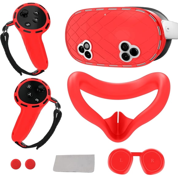 6-in-1 Silicone Cover Set for Meta Quest 3s Accessories, Juylay VR Protective Cover Accessories for Oculus Quest 3S with Facial Interface, Headset Shell Cover, Controller Grip Cover, Joystick Caps,Red