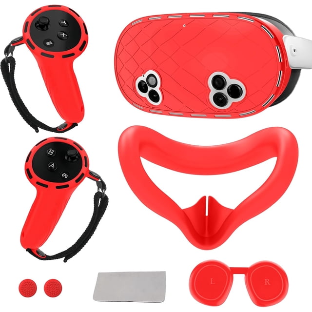 6-in-1 Silicone Cover Set for Meta Quest 3s Accessories, Juylay VR Protective Cover Accessories for Oculus Quest 3S with Facial Interface, Headset Shell Cover, Controller Grip Cover, Joystick Caps,Red