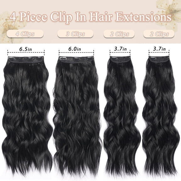 WEIF-Clip in Hair Extensions 4Pcs Long Wavy Natural Black Hair Synthetic Clip in Extensions 22 Inch for Women #1B