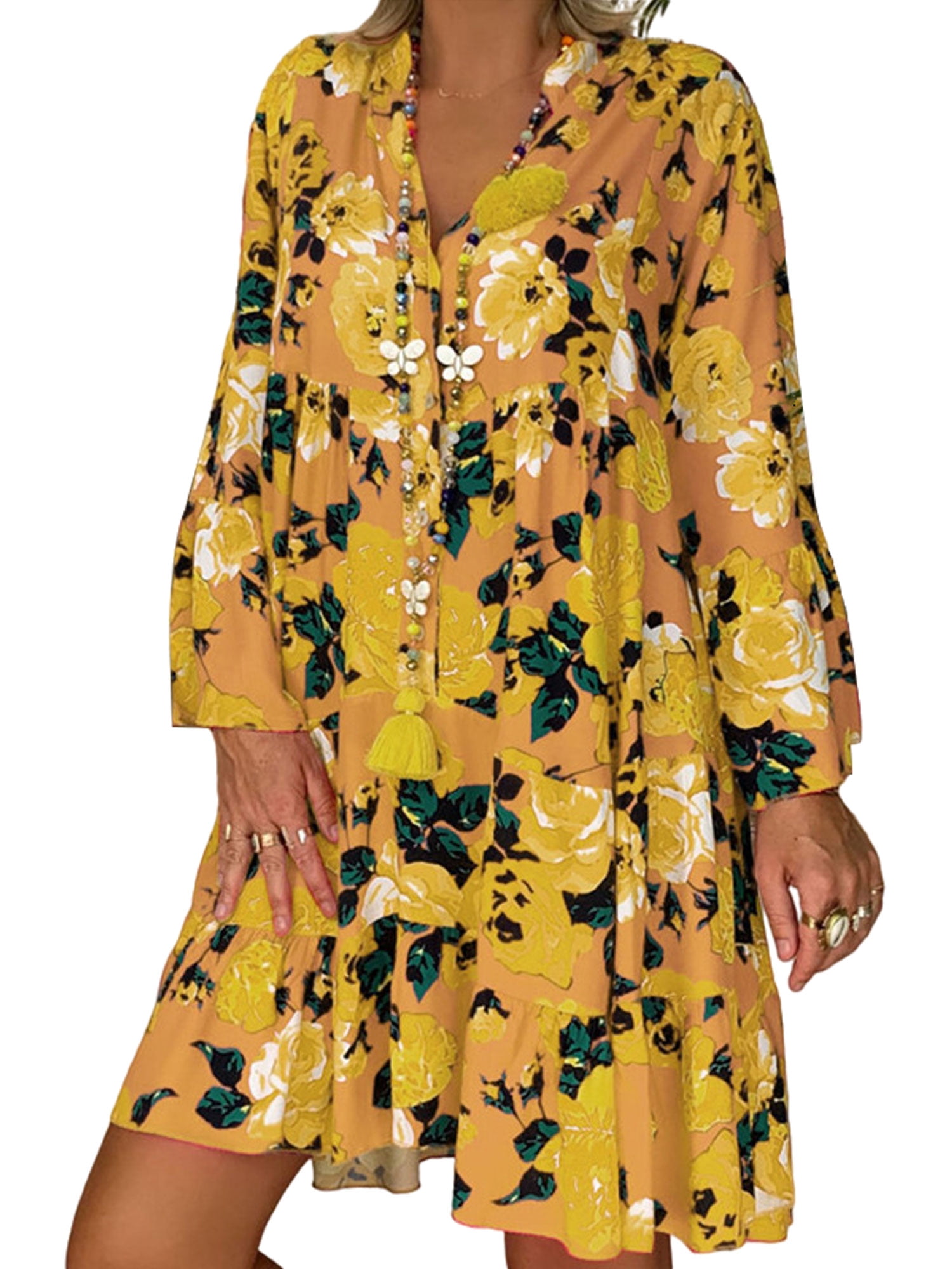 Capreze Floral Print Mini Dresses Ruffle Short Dress Loose Long Sleeve Holiday V Neck Yellow Floral XXL - Walmart.com