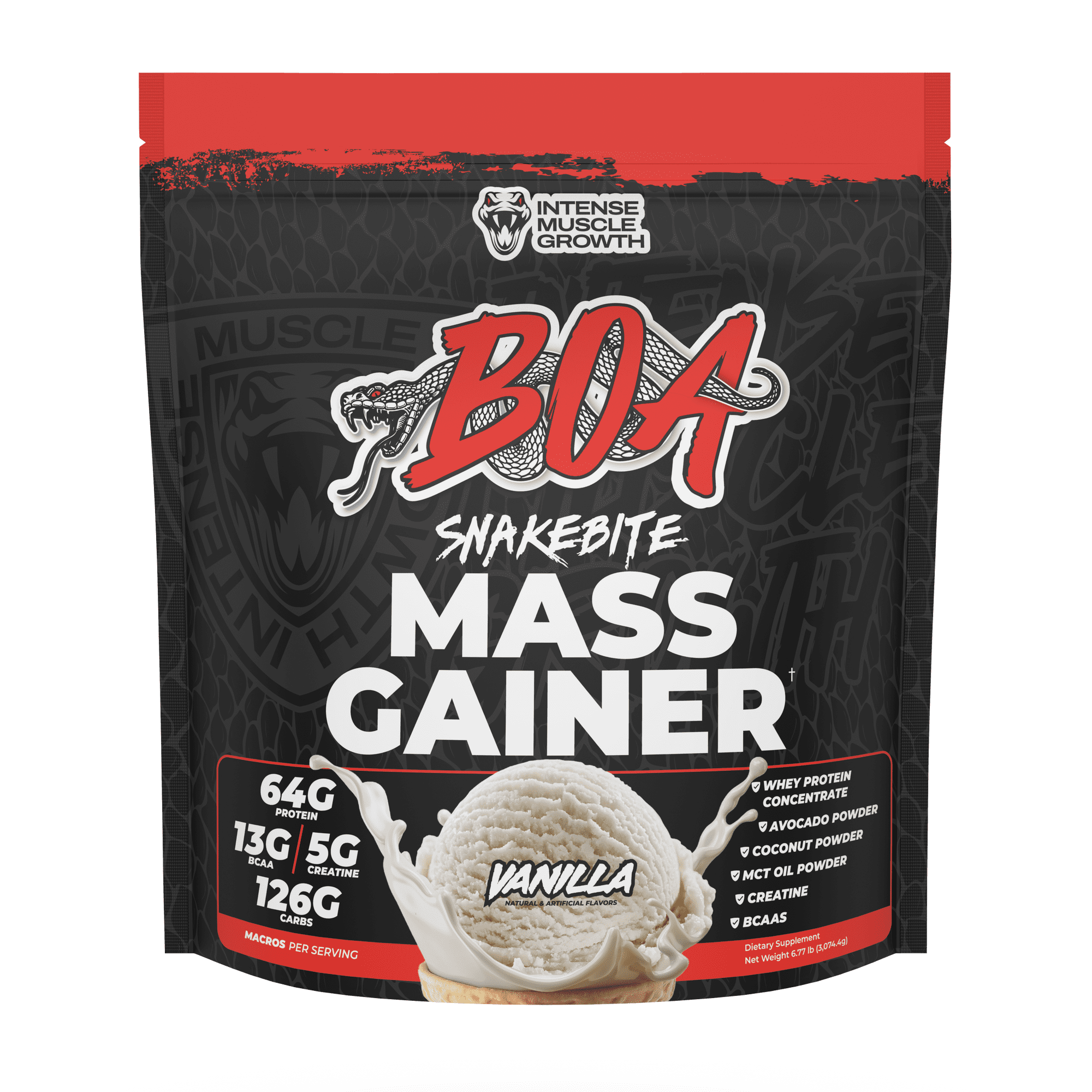 BOA Snakebite Mass Gainer Powder – 64g Protein, 126g Carbs & 5g Creatine Per Serving – High Calorie Weight Gainer for Muscle Growth & Recovery – Vanilla