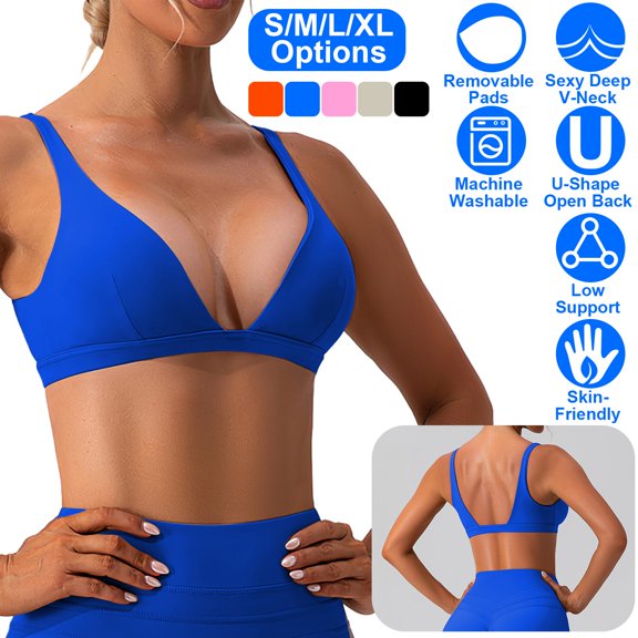 Moclever Women Deep V-Neck Sports Bra, Padded Strappy Crop Open Back Sports Bra with Removable Pads for Running Gym Yoga
