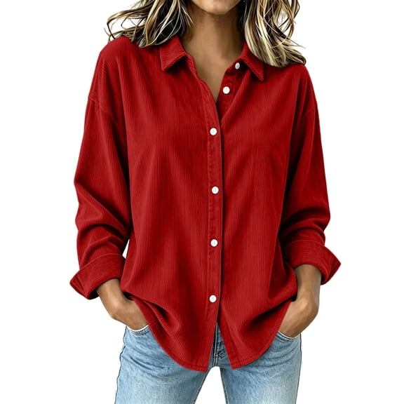 CHGBMOK Women Oversized Corduroy Shacket Casual Long Sleeve Lapel Button Down Shirt Jacket Solid Color Blouse Tops