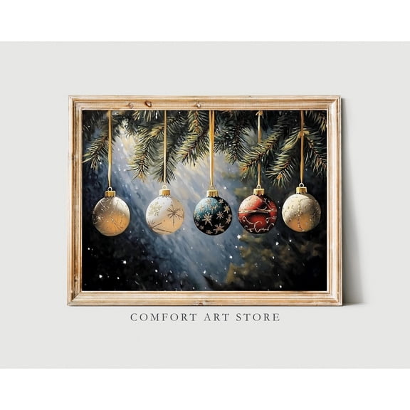 Antique Vintage Kristmas Bauble Print Pine Branch Wall Art Kristmas Tree Scene Kristmas Ornament Print Winter Wall Art Warm Present Vintage UNFRAMED Poster Size 8x12