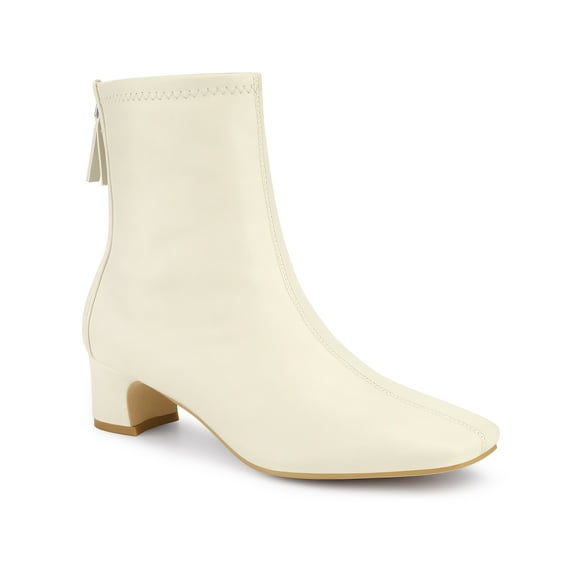Unique Bargains Women's Square Toe Block Heels Ankle Boots Cream (Size 7)