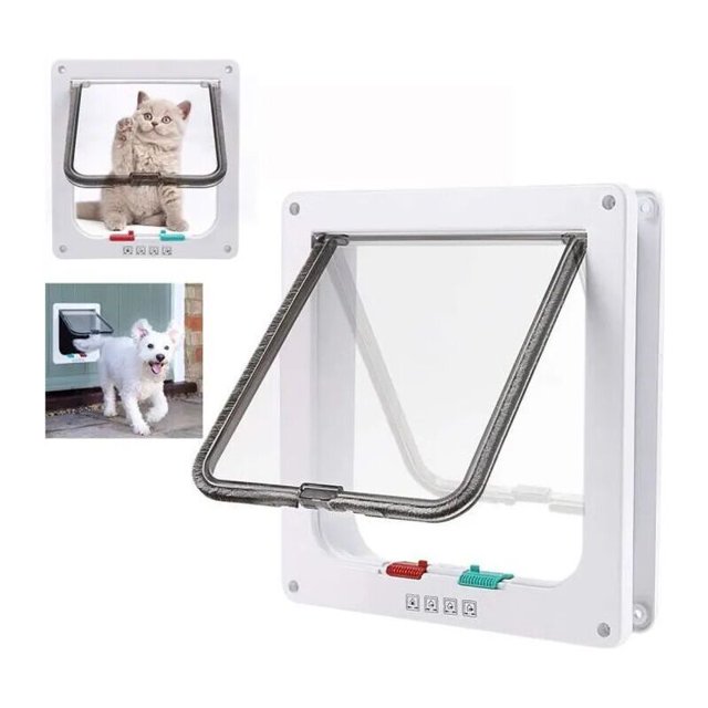 puerta para gatos, perros y gatos, tamaño L 23,5 x 25,2 x 5,5 cm, color blanco puerta para mascotas tamaño L con marco blanco rectangular y solapa transparente abatible, bloqueo de 4 posiciones con deslizadores rojo y verde en la base; solapa interior 19 x 18,2 cm, mostrada instalada en pared con ejemplos de gato y perro usando la abertura.