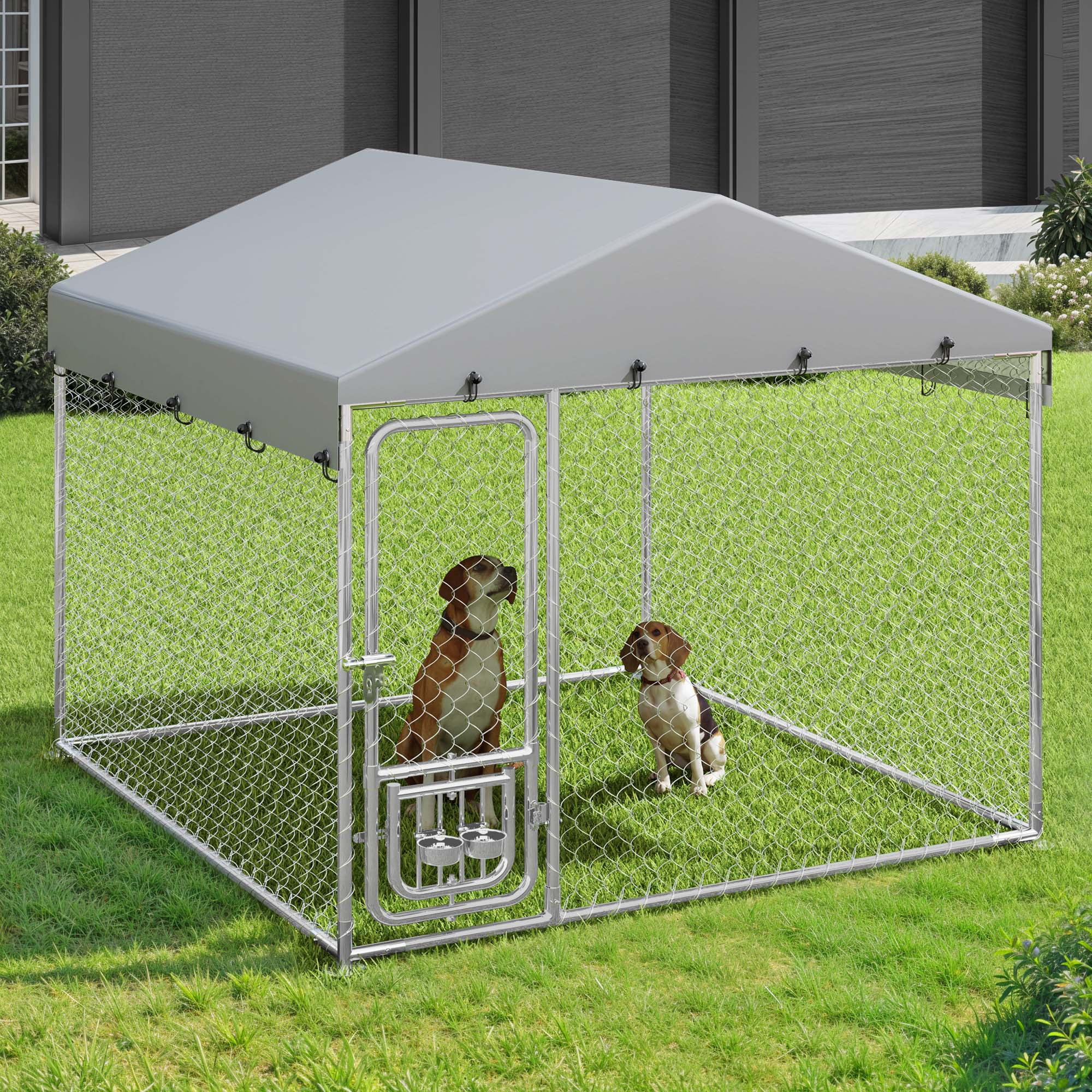 Dextrus 7.5'x7.5' Outdoor Dog Kennel, Outdoor Dog Enclosure with Rotating Feeder Bowls & Roof, Heavy Duty Dog Kennel for Backyard Farm