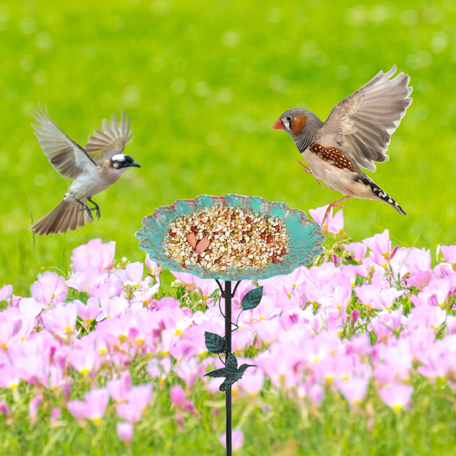 Ground Inserted Lotus Leaf Shape Metal Bird Bath Feeder, 32.2" Multicolor Water Tray, Decorative Outdoor Garden Courtyard Bird Bath