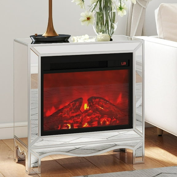 COSVALVE Silver Mirrored End Table with Electric Fireplace Heater, Side Table Nightstand with Multiple Flame Colors, Remote Control