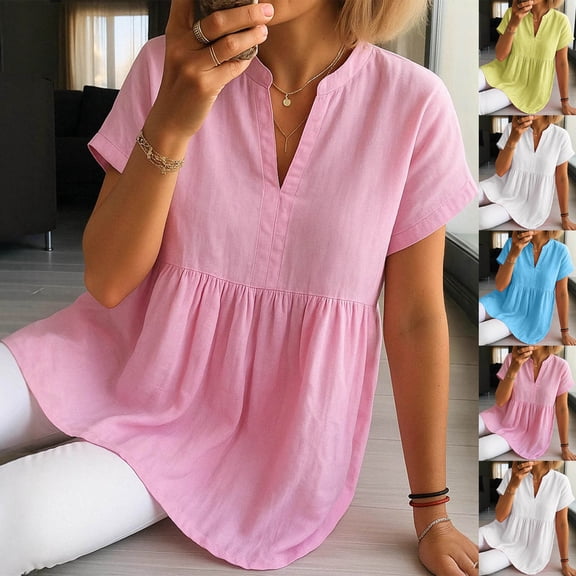 Inverlee Cotton Linen Short Sleeve Yoke Shirts Trendy Solid Color V Neck Tops Dressy Casual Lightweight Basic Blouse with Front Pleated S-XXL