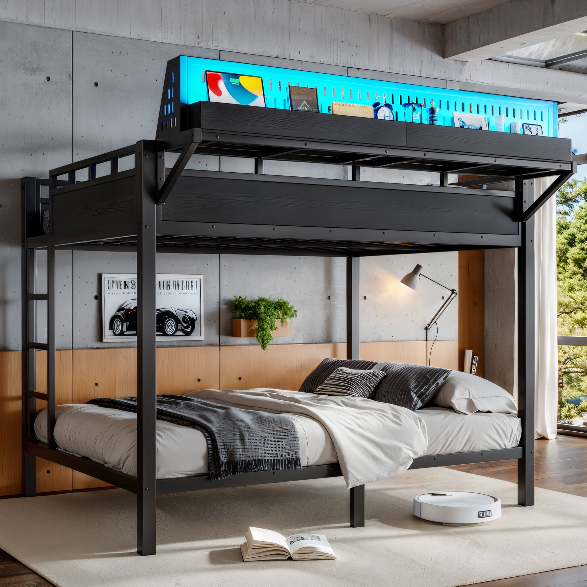 Leumius Queen over Queen Size Metal Bunk Bed with Storage Shelves and Pegboard, Bunk Bed Frame with USB Ports and LED Lights, Space-Saving for Teens and Adults Black