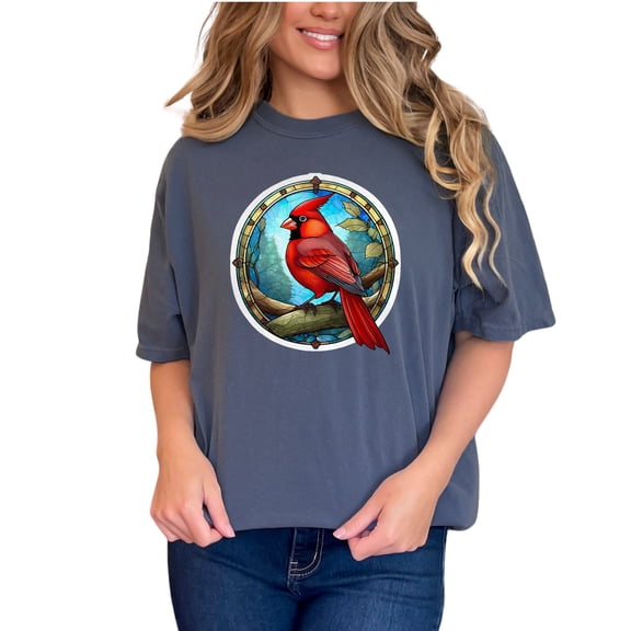 Vintage Stained Glass Cardinal Bird T-Shirt, Nature Art Graphic Tee, Retro Wildlife Illustration, Unique Bird Lover Gift, Colorful Cardinal, Denim Comfort Colors T-Shirt, Small