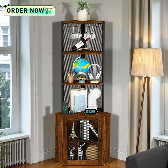 Tcbosik Corner Storage Cabinet with Charging Station, 65" Tall Display Cabinet with Mesh Door and Adjustable Shelf, Bookshelf Stand. Kitchen Cupboard with Glass Holder for Living Room, Brown & Black