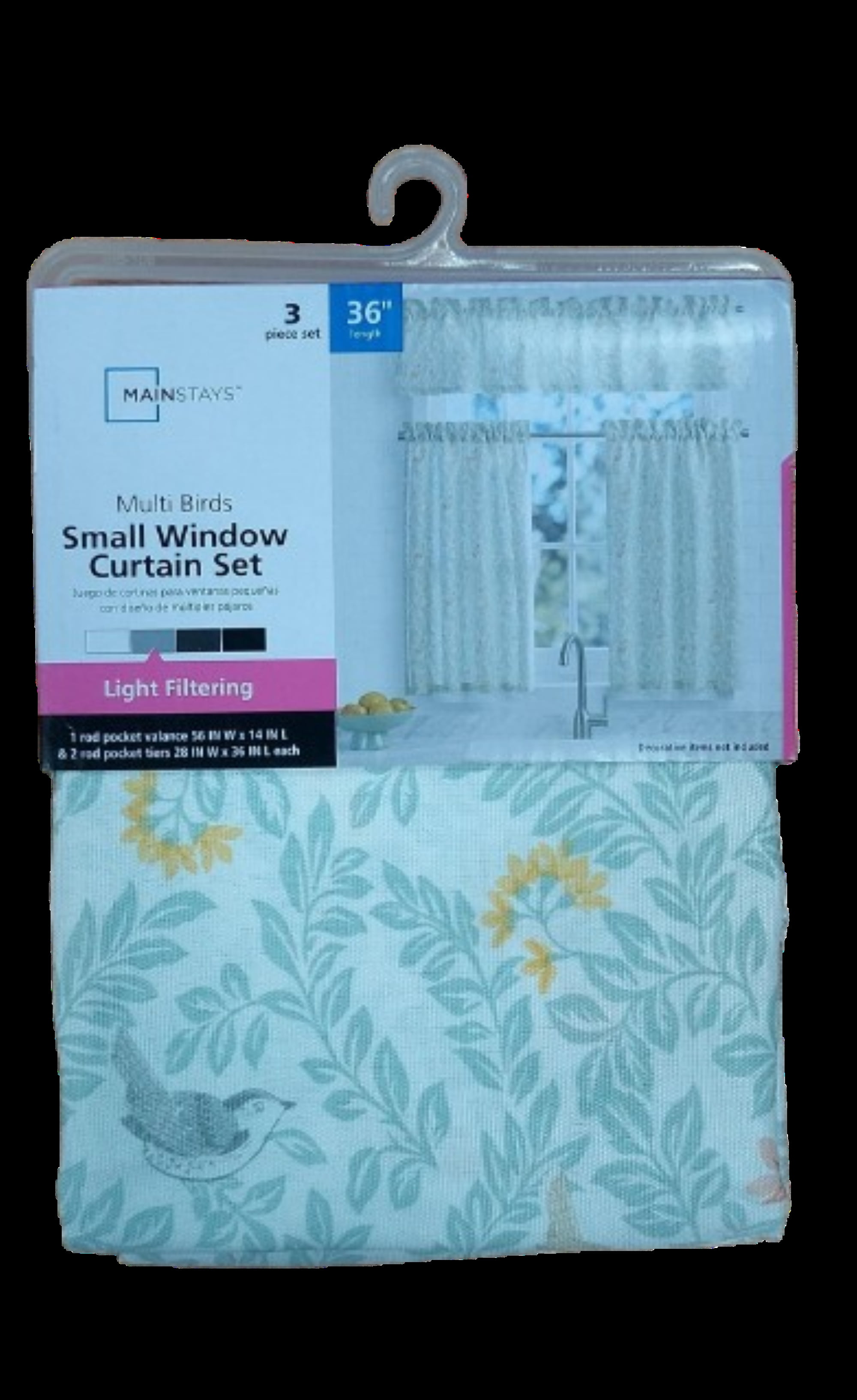 Mainstays 3 Piece Printed Tiers and Valance Set - Multi Birds, Multi, Recycled Polyester, BCI Cotton, 56"W x 14"L, Indoor Curtain, Adult