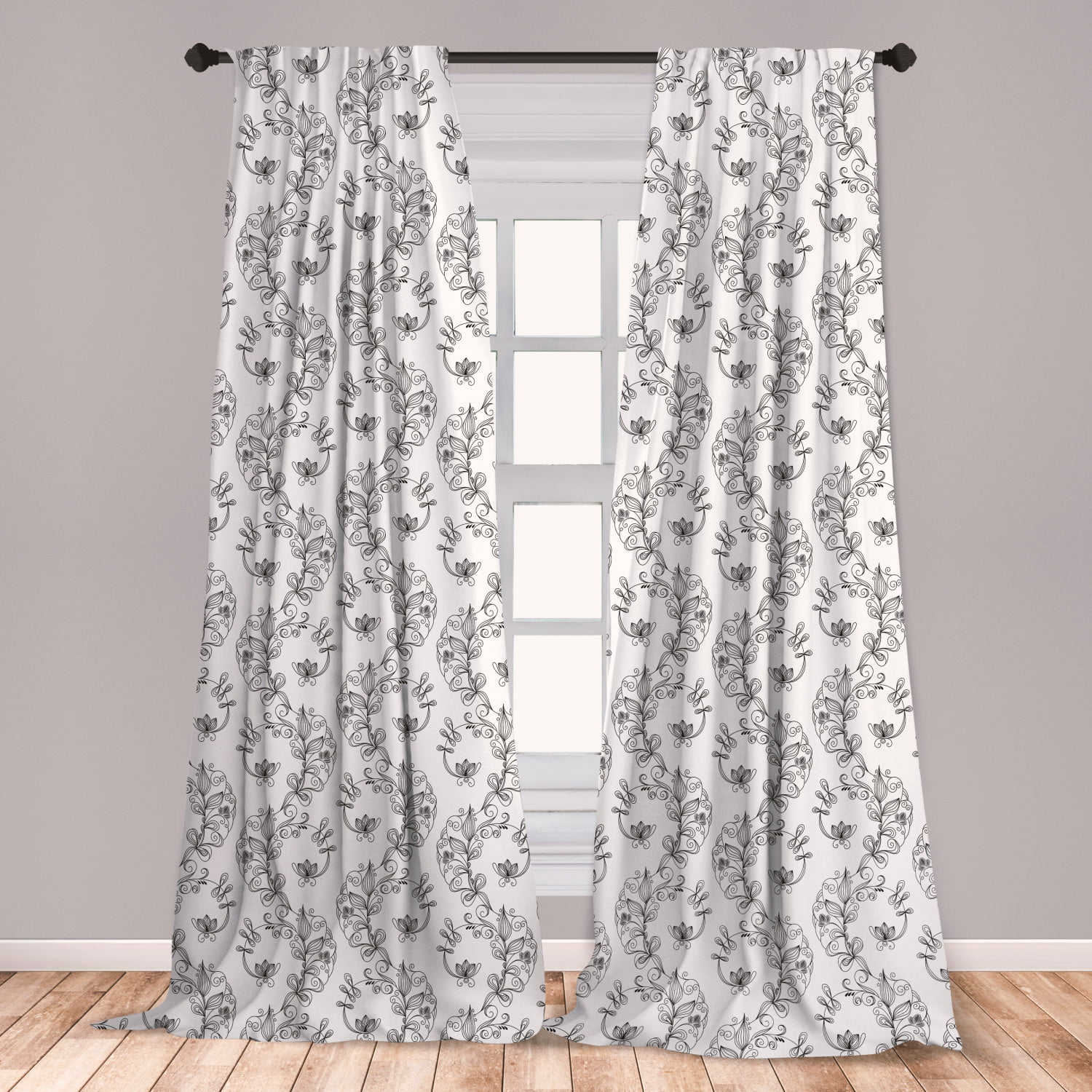 Black and White Curtains 2 Panels Set, Scroll and Swirls Pattern with