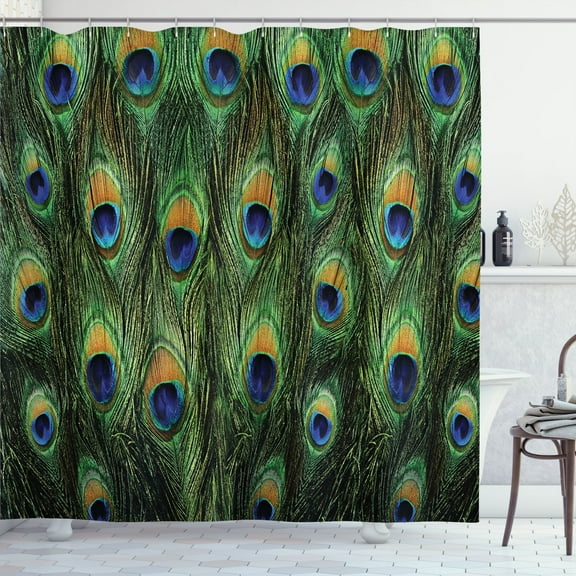 Ambesonne Peacock Shower Curtain, Exotic Animal Feathers, 69"Wx75"L, Green Mustard Navy