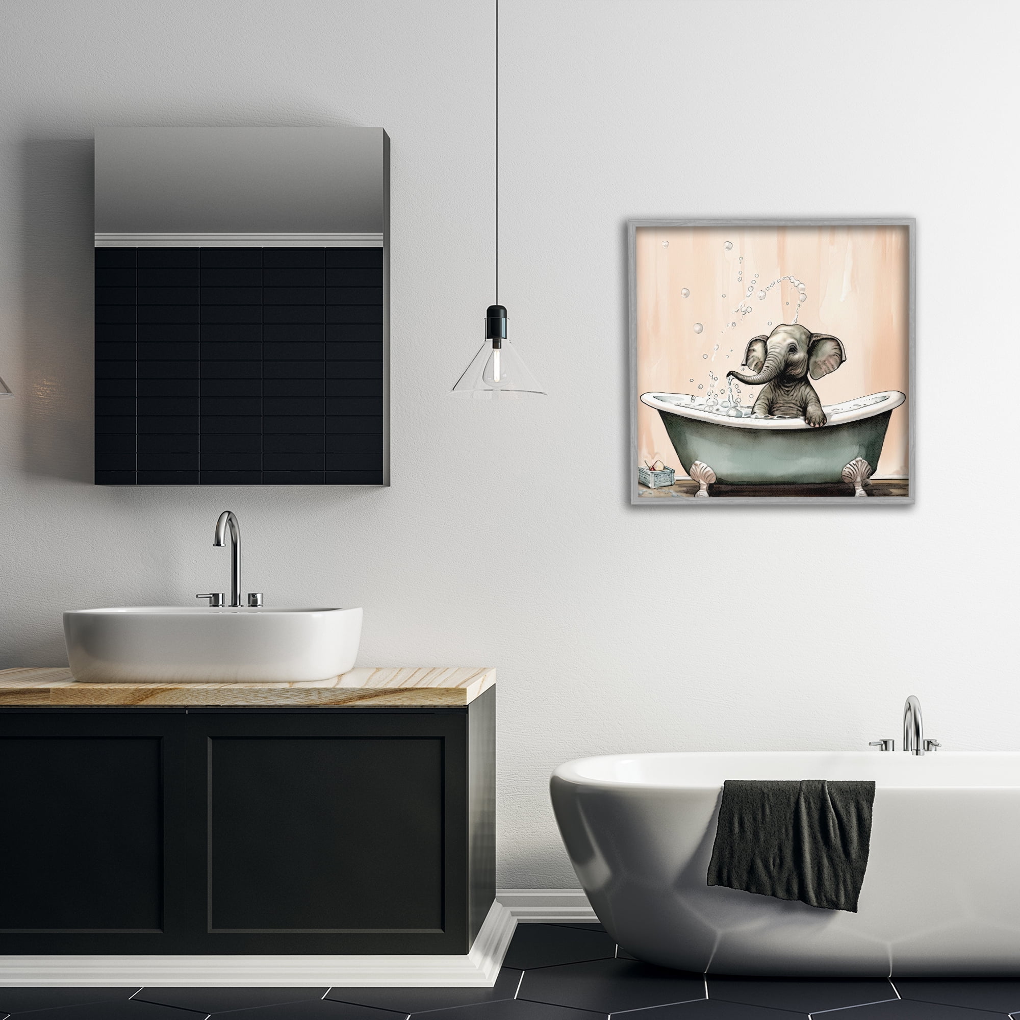 Baby Elephant Bubble Bath Gray Framed Giclee Art, design by Sasha