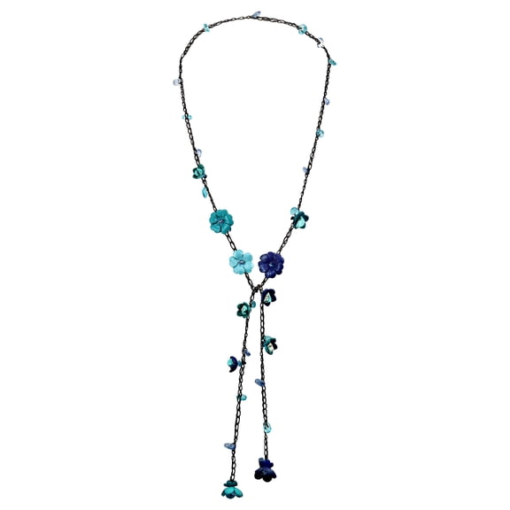 Chic Blue Daisy Floral Mix Stone Genuine Leather Lariat Wrap Necklace