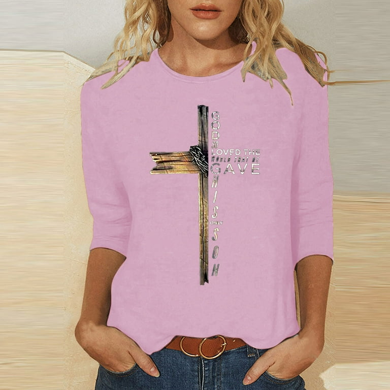 Jinhomg Women Easter Day Tops 2025 Trendy Jesus Cross Printed Tee