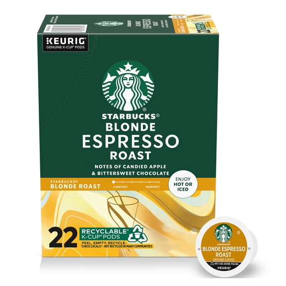 Starbucks Blonde Espresso Roast, Hot or Iced Coffee, Roast K-Cup Coffee Pods, 22 Count