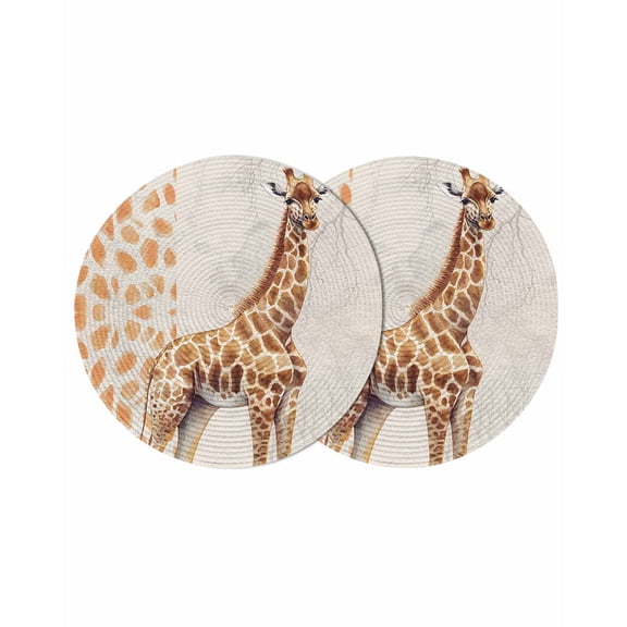 Vintage Watercolor Round Table Placemats set of 2, Giraffe Texture Washable Woven Place Mats for Dining Tables Kitchen Party Decor,Heat Proof, 13in, Brown