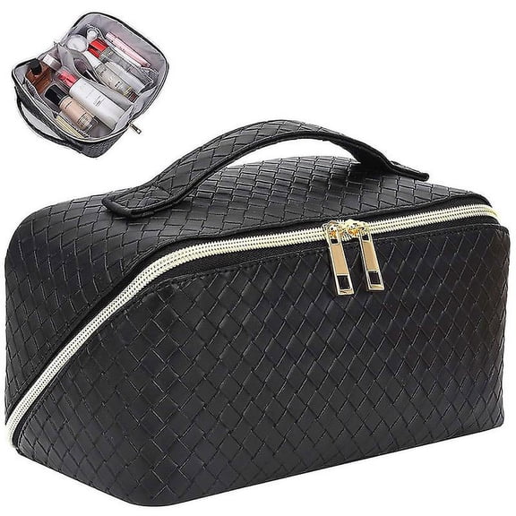 Travel Cosmetic Bag Portable Leather Waterproof Women Makeup Organizer with Handle and Divider