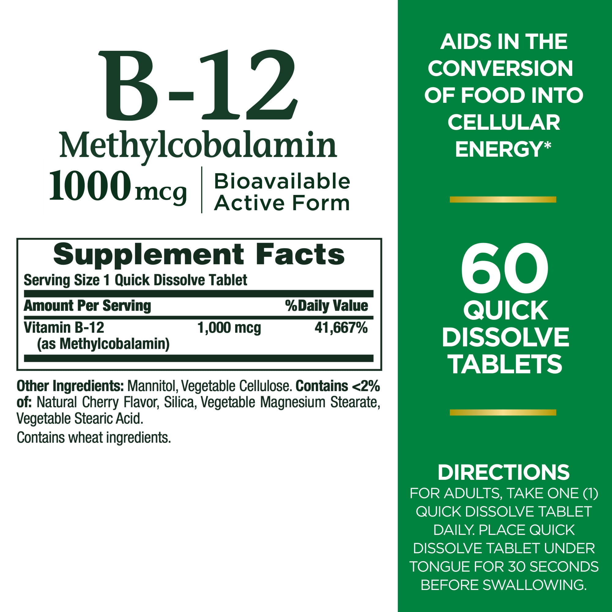 Nature's Bounty Vitamin B12 Methylcobalamin Tablets, 1000 mcg, 60 Ct