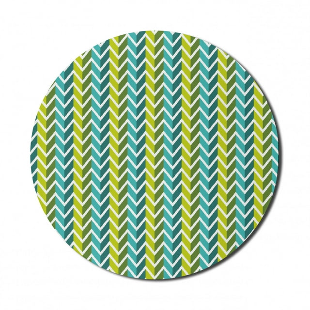 Abstract Mouse Pad for Computers, Pattern of Wavy Motifs with Herringbone Design and Zigzag Shapes, Round Non-Slip Thick Rubber Modern Mousepad, 8" Round, Fern Green and Yellow Green, by Ambesonne