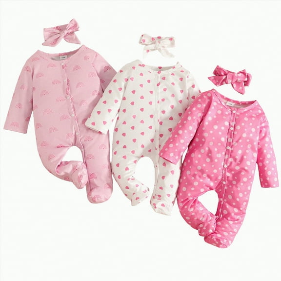 HCNTES Baby Girls Preemie Sleep and Play Printed Bodysuit Three Piece Set(9-12 Months,F64-Pink)