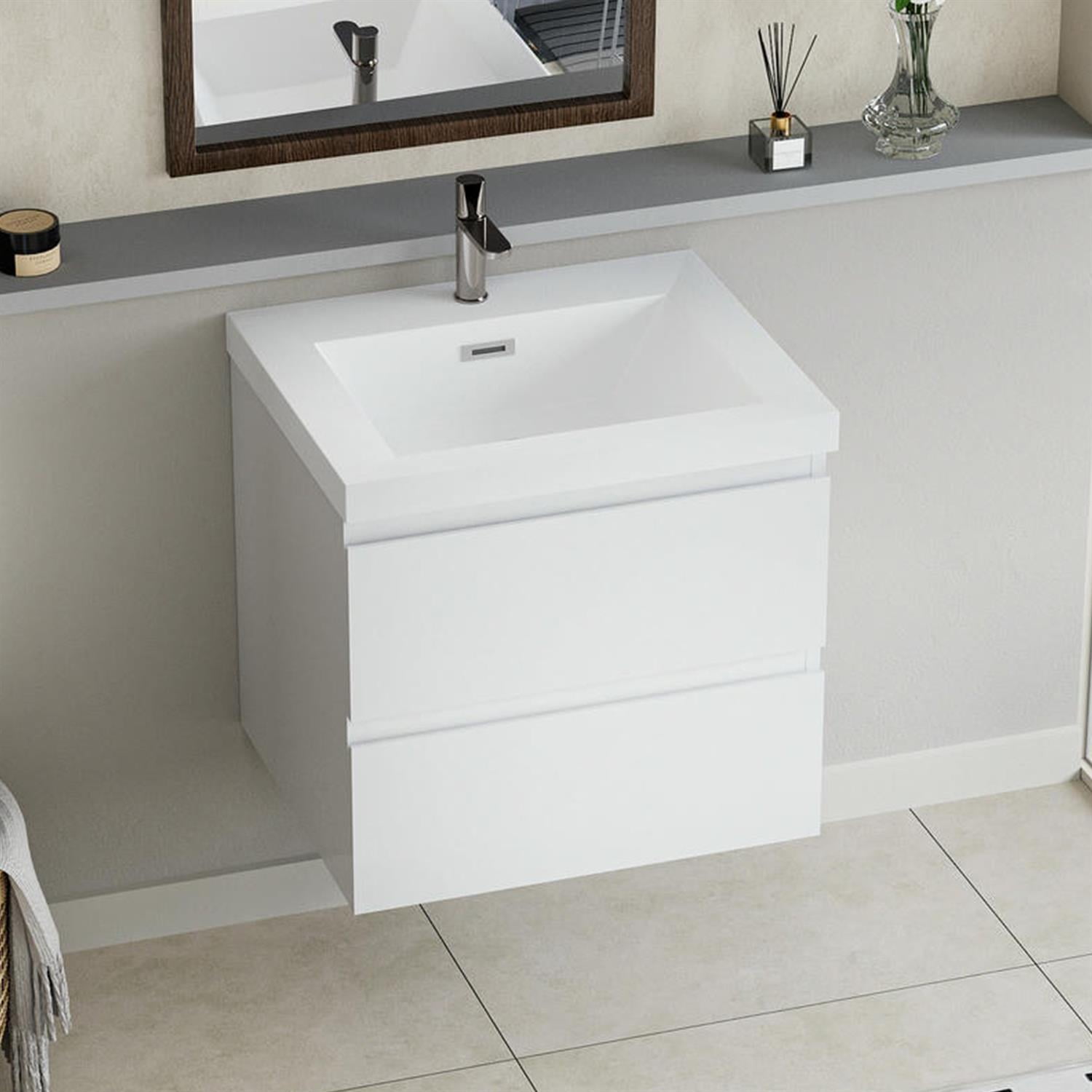 Demi Bonn 24" Floating Bathroom Vanity with Sink, Resin Top Basin and 2 Soft Close Drawers, Faucets and Drains Not Included, White