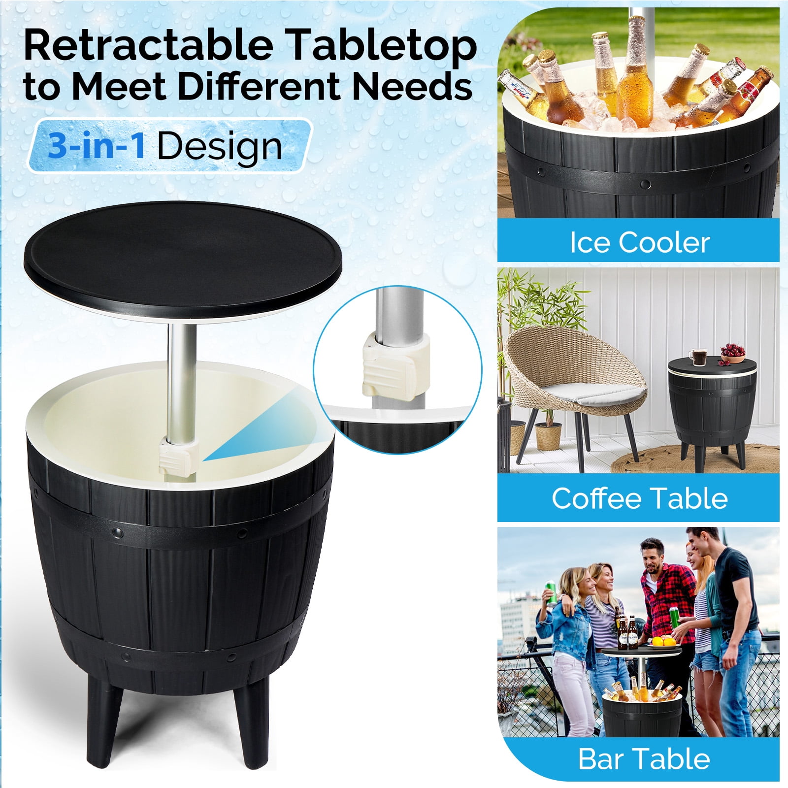 BAYUELSWU Outdoor Cooler Table, Height-Adjustable Outdoor Cool Bar w/ 10 Gallon Beer and Wine Cooler, All-Weather Resistant Patio Cooler Ice Cool Bar for Deck Pool Party (Black)