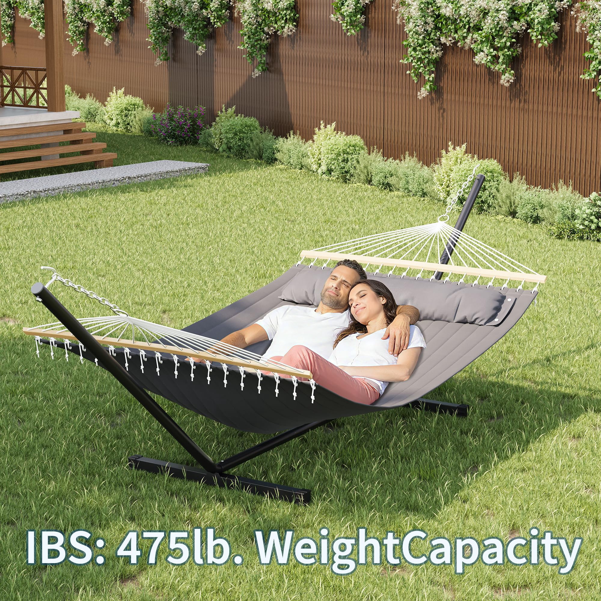 Accreate Double Hammock with Stand for 2 Person, Heavy Duty 475lb Capacity Outdoor Freestanding Hammock Bed with Steel Frame, Quilted Pillow & Carry Bag - Easy Assembly